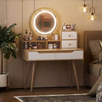 Coiffeuse avec lumières LED, 4 tiroirs et 3 étagères, cadre en bois massif