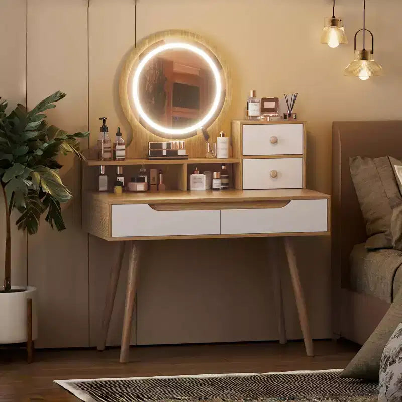 Coiffeuse avec lumières LED, 4 tiroirs et 3 étagères, cadre en bois massif