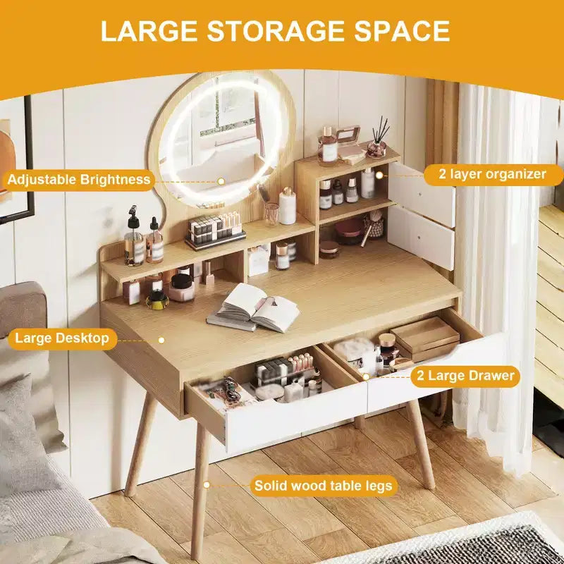 Coiffeuse avec lumières LED, 4 tiroirs et 3 étagères, cadre en bois massif