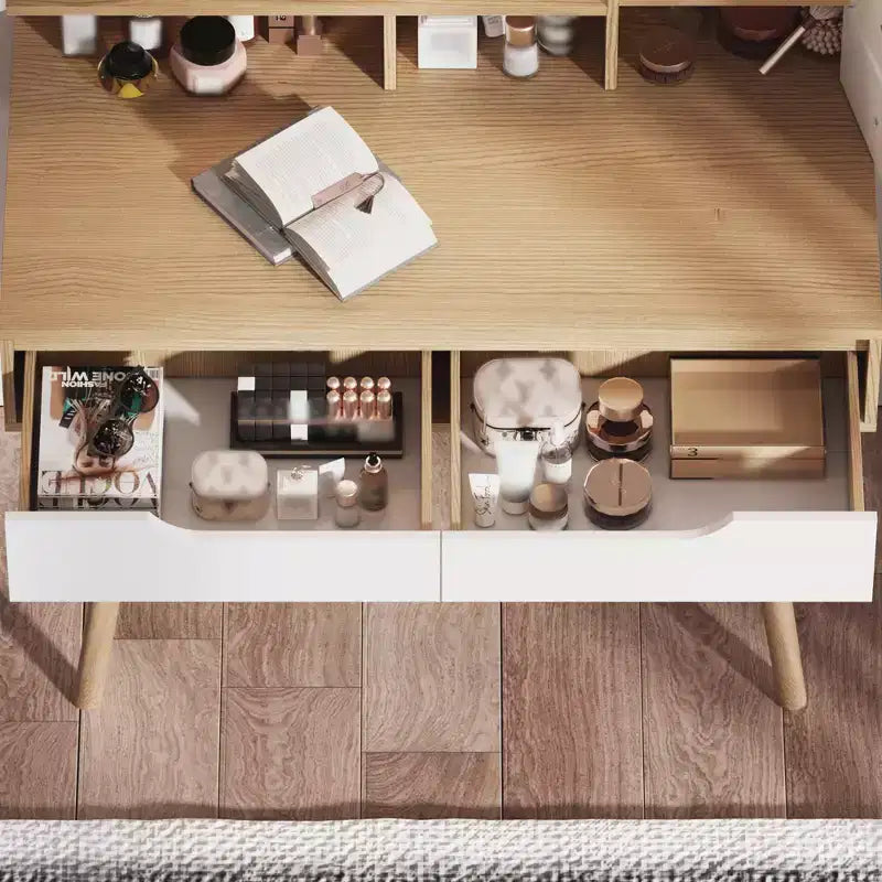 Coiffeuse avec lumières LED, 4 tiroirs et 3 étagères, cadre en bois massif