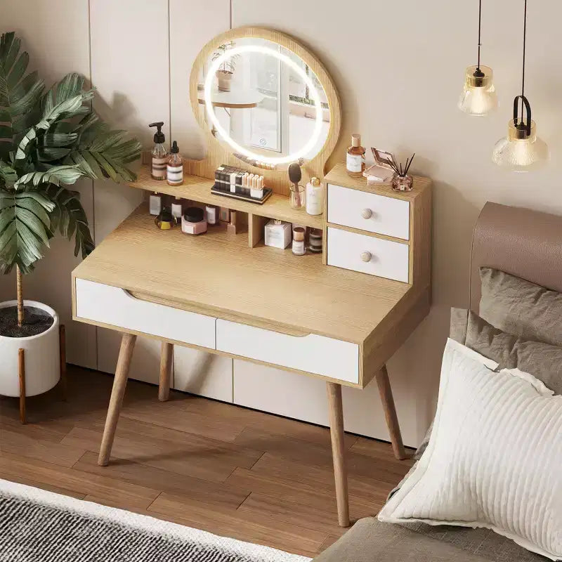 Coiffeuse avec lumières LED, 4 tiroirs et 3 étagères, cadre en bois massif