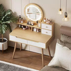 Coiffeuse avec lumières LED, 4 tiroirs et 3 étagères, cadre en bois massif