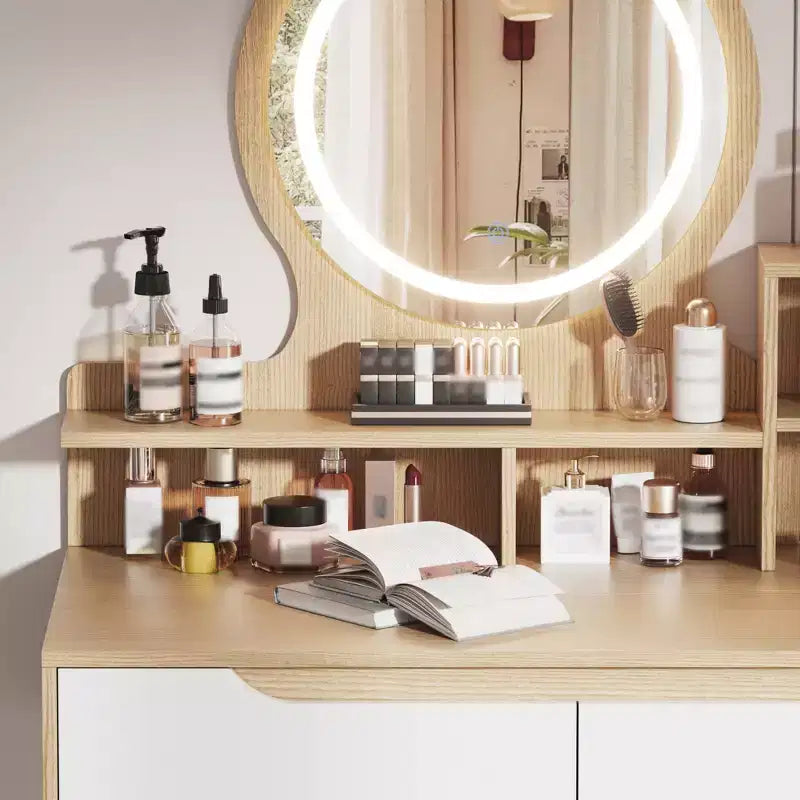 Coiffeuse avec lumières LED, 4 tiroirs et 3 étagères, cadre en bois massif