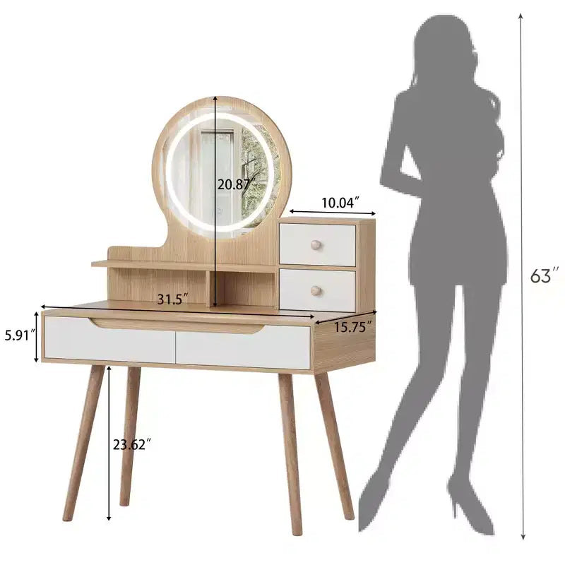 Coiffeuse avec lumières LED, 4 tiroirs et 3 étagères, cadre en bois massif