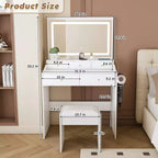 Coiffeuse avec grand miroir, prise électrique, 5 tiroirs, 3 modes d'éclairage, blanche