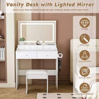 Coiffeuse avec grand miroir, prise électrique, 5 tiroirs, 3 modes d'éclairage, blanche