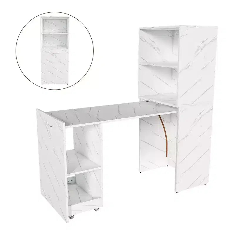 Bureau extensible avec rangements et roulettes, bureau pliable pour petits espaces, marbre blanc