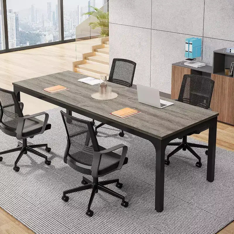 Table de conférence Lantine 198 cm, Grande table de réunion de bureau 199,9 L x 70 D, Bureau de séminaire moderne pour salle de conférence (1, Gris + Noir)