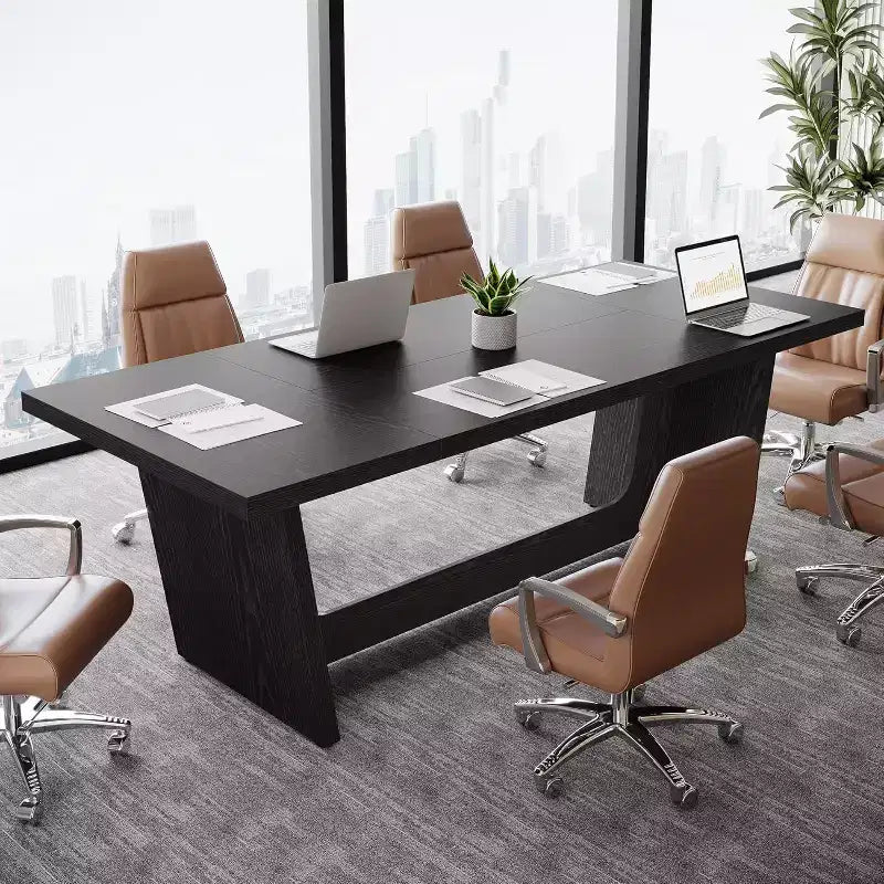 Table de conférence rectangulaire Lantine de 1,8 m, bureau exécutif de 71 pouces pour 6-8 personnes, table de salle de réunion en bois avec base piédestal robuste, noir