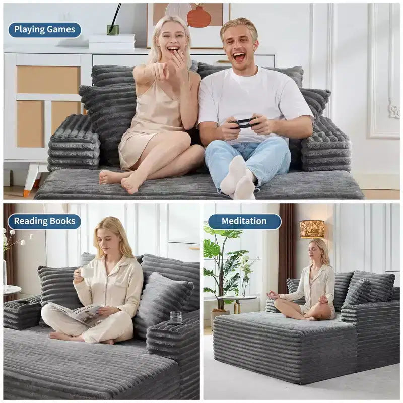 64 Fauteuil inclinable d'intérieur, Canapé-lit désossé rembourré en velours côtelé avec 2 oreillers et 2 porte-gobelets, Aucun assemblage requis, Canapé-lit profond