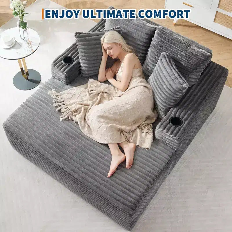 64 Fauteuil inclinable d'intérieur, Canapé-lit désossé rembourré en velours côtelé avec 2 oreillers et 2 porte-gobelets, Aucun assemblage requis, Canapé-lit profond