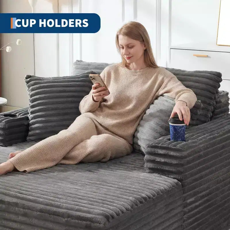 64 Fauteuil inclinable d'intérieur, Canapé-lit désossé rembourré en velours côtelé avec 2 oreillers et 2 porte-gobelets, Aucun assemblage requis, Canapé-lit profond