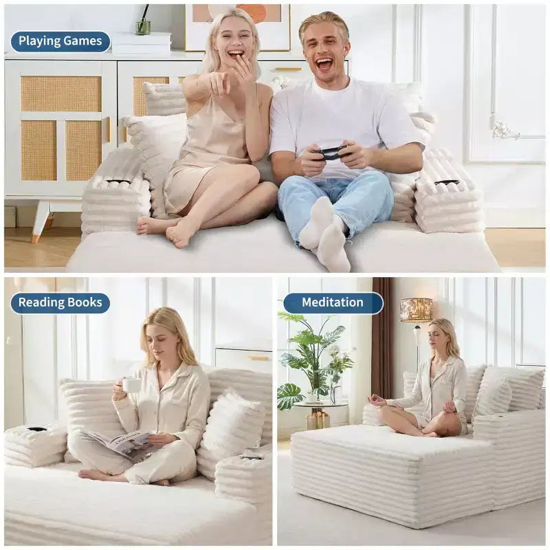 64 Fauteuil inclinable d'intérieur, Canapé-lit désossé rembourré en velours côtelé avec 2 oreillers et 2 porte-gobelets, Aucun assemblage requis, Canapé-lit profond