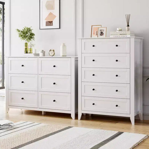 5 Drawer Dresser, 2pcs Wooden Chest of Drawers for for Office, Storage Cabinet Organizer Drawers for Living Room, Bedroom, Hallway, White