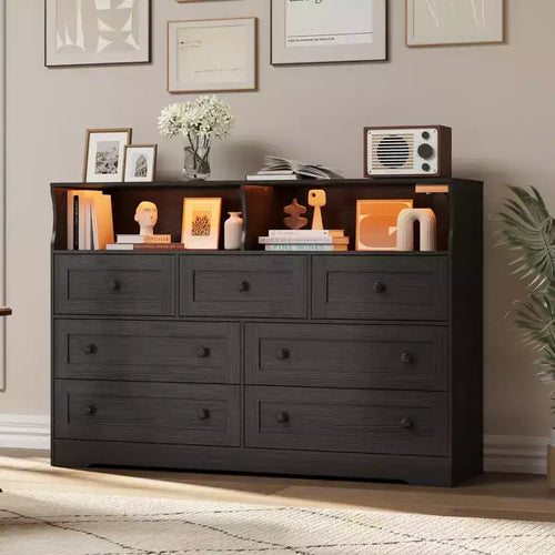 7-Drawer Dresser with LED Lights & Charging Station - Wooden Storage Organizer for Bedroom/Nursery/Entryway