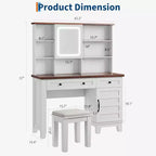 Coiffeuse avec miroir et 3 modes d'éclairage - Table de maquillage en bois avec plateau en verre, prise électrique et 2 tiroirs pour chambre à coucher