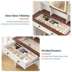 Coiffeuse avec miroir et 3 modes d'éclairage - Table de maquillage en bois avec plateau en verre, prise électrique et 2 tiroirs pour chambre à coucher