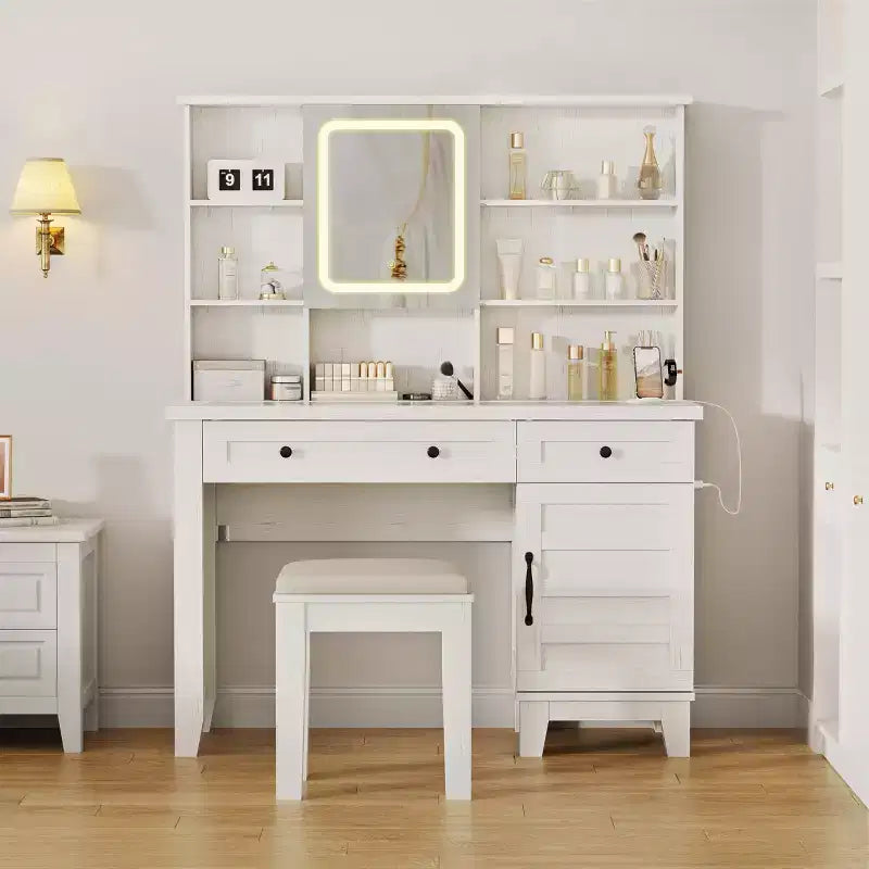Coiffeuse avec miroir et 3 modes d'éclairage - Table de maquillage en bois avec plateau en verre, prise électrique et 2 tiroirs pour chambre à coucher