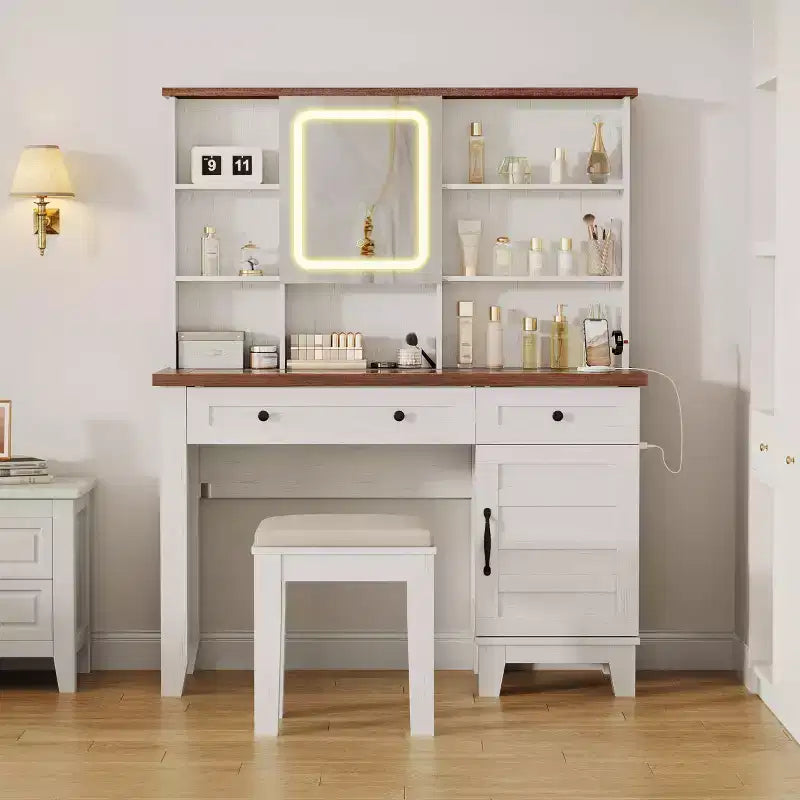 Coiffeuse avec miroir et 3 modes d'éclairage - Table de maquillage en bois avec plateau en verre, prise électrique et 2 tiroirs pour chambre à coucher