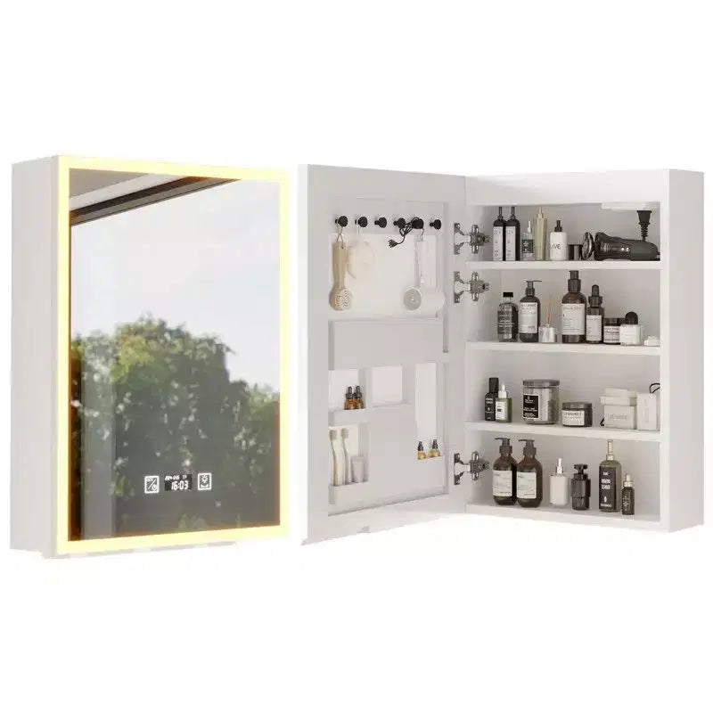 Meuble de rangement mural lumineux à LED Karl Home, Cadre acrylique blanc avec affichage de l'heure et de la température, Éclairage tricolore, 2 prises et 2 ports USB