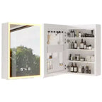 Meuble de rangement mural lumineux à LED Karl Home, Cadre acrylique blanc avec affichage de l'heure et de la température, Éclairage tricolore, 2 prises et 2 ports USB