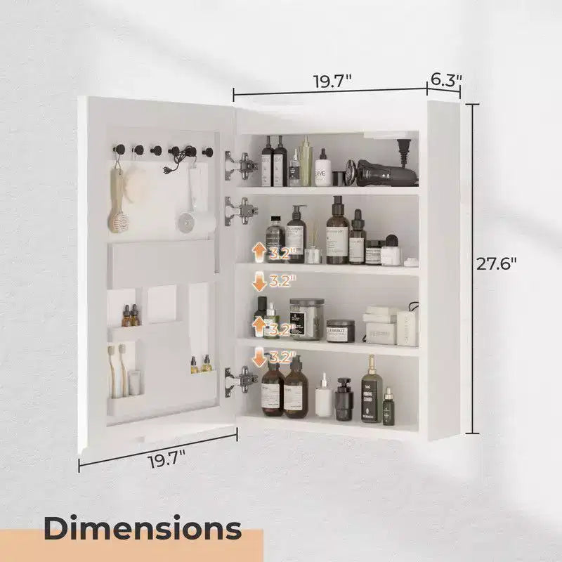 Meuble de rangement mural lumineux à LED Karl Home, Cadre acrylique blanc avec affichage de l'heure et de la température, Éclairage tricolore, 2 prises et 2 ports USB