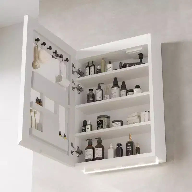 Meuble de rangement mural lumineux à LED Karl Home, Cadre acrylique blanc avec affichage de l'heure et de la température, Éclairage tricolore, 2 prises et 2 ports USB