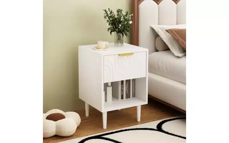 JVNOXK Table de Chevet Moderne de 58 cm avec un Tiroir Spacieux et une Étagère Ouverte, Poignée Décorative Dorée, pour Chambre et Salon, Blanc