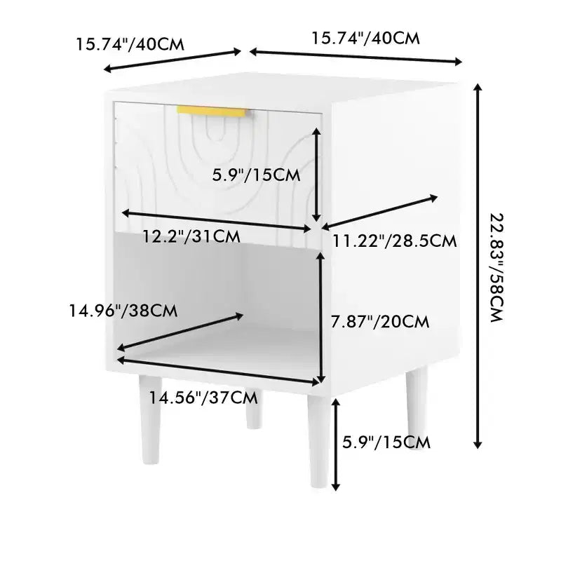 JVNOXK Table de Chevet Moderne de 58 cm avec un Tiroir Spacieux et une Étagère Ouverte, Poignée Décorative Dorée, pour Chambre et Salon, Blanc