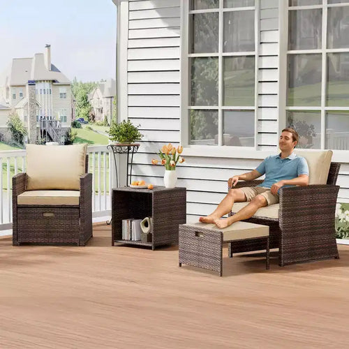 5-Piece High Back Patio Sofa Set, PE Rattan Outdoor Furniture with Soft Cushions, 2 Ottomans and Table, for Garden, Balcony, Porch, Poolside