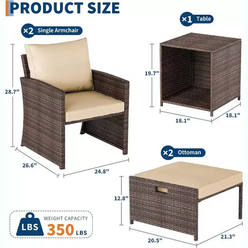 Ensemble de canapés de jardin 5 pièces à dossier haut, meubles d'extérieur en rotin PE avec coussins moelleux, 2 poufs et une table, pour jardin, balcon, porche, bord de piscine