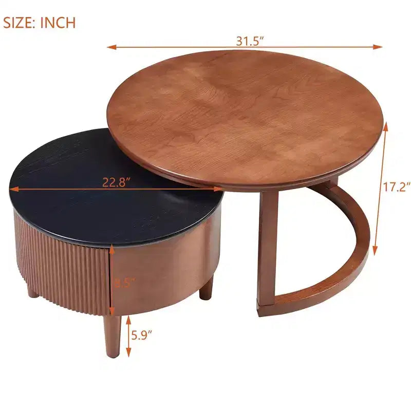 Table basse gigogne ronde JVNOXK vintage cannelée avec tiroir en noir et noyer de 80 cm