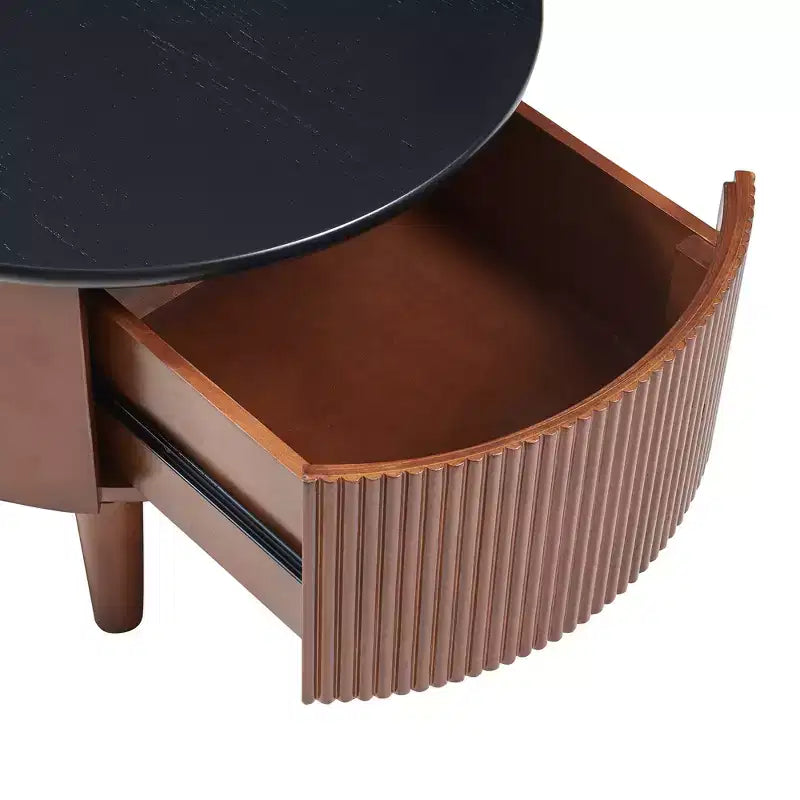 Table basse gigogne ronde JVNOXK vintage cannelée avec tiroir en noir et noyer de 80 cm