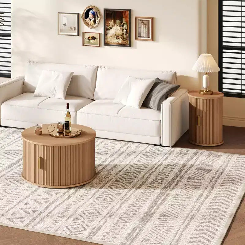 Table basse de style médiéval JVNOXK avec volets roulants coulissants, table d'appoint de rangement à rainure ronde, poignées dorées, pour salon, couleur naturelle