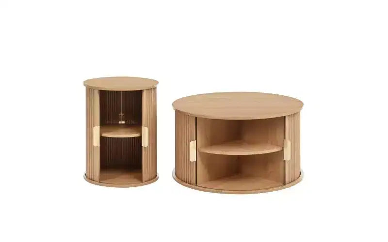Table basse de style médiéval JVNOXK avec volets roulants coulissants, table d'appoint de rangement à rainure ronde, poignées dorées, pour salon, couleur naturelle