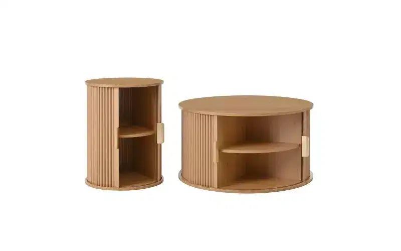 Table basse de style médiéval JVNOXK avec volets roulants coulissants, table d'appoint de rangement à rainure ronde, poignées dorées, pour salon, couleur naturelle