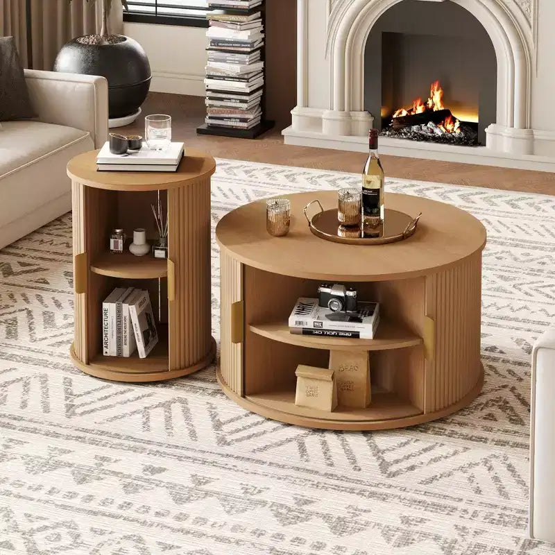 Table basse de style médiéval JVNOXK avec volets roulants coulissants, table d'appoint de rangement à rainure ronde, poignées dorées, pour salon, couleur naturelle