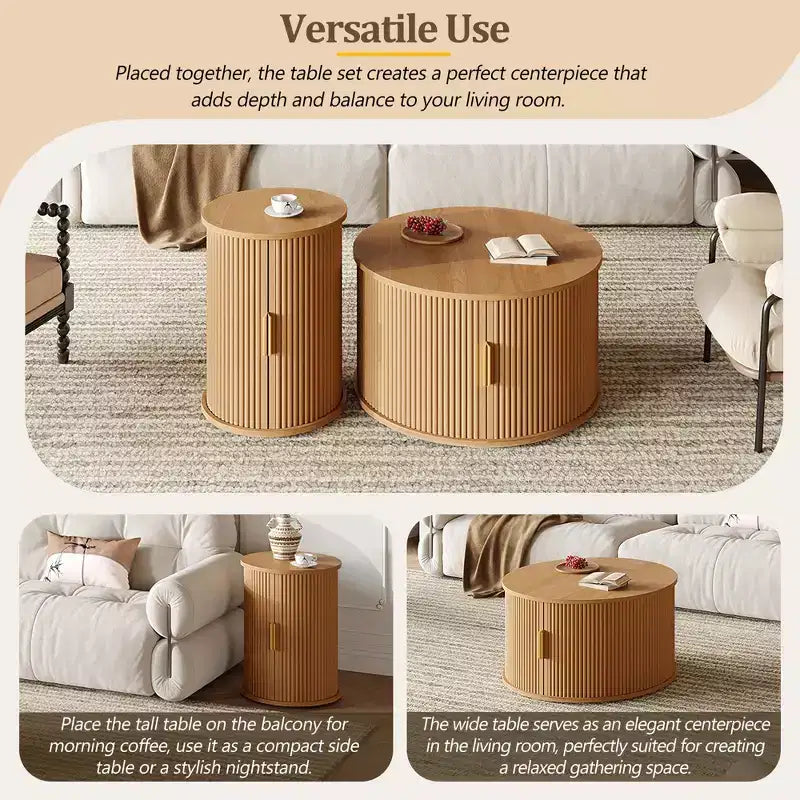 Table basse de style médiéval JVNOXK avec volets roulants coulissants, table d'appoint de rangement à rainure ronde, poignées dorées, pour salon, couleur naturelle