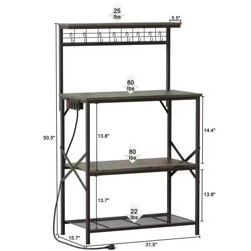 Étagère de boulangerie Qwatto Kitchen avec prises de courant, station de café de 80 cm, support de micro-ondes à 4 niveaux, étagère de rangement avec crochets en S, table utilitaire en chêne noir