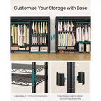 SONGMICS Portant à Vêtements Robuste sur Roues, Armoire Portable, avec Étagères en Maille et Tringles Réglables, Housse en Tissu, Noir Encre