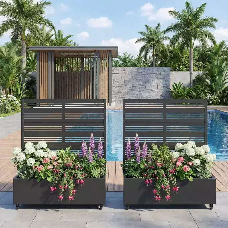 MAYEERTY Jardinière en fer forgé noir avec treillis (Harold B à persiennes), 47x47x16, jardinière de jardin double face en 3 pièces