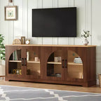 Meuble TV style ferme JVNOXK avec portes vitrées semi-cintrées, pouvant accueillir des téléviseurs jusqu'à 70 pouces. Buffet aspect bois avec étagères réglables, Noyer