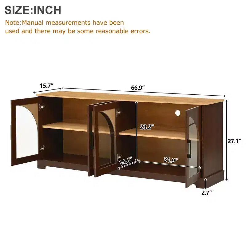 Meuble TV style ferme JVNOXK avec portes vitrées semi-cintrées, pouvant accueillir des téléviseurs jusqu'à 70 pouces. Buffet aspect bois avec étagères réglables, Noyer