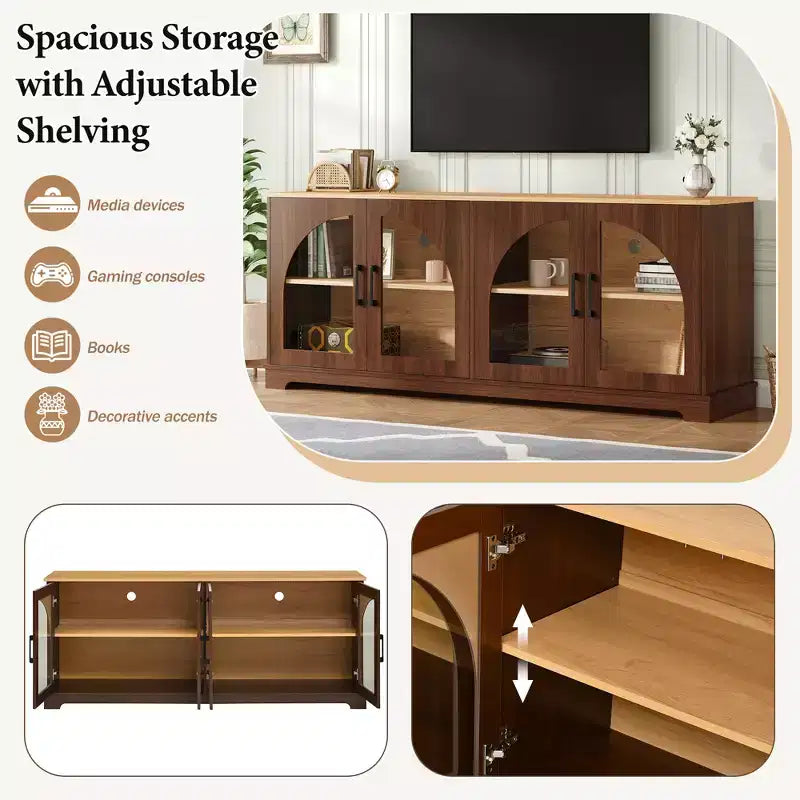 Meuble TV style ferme JVNOXK avec portes vitrées semi-cintrées, pouvant accueillir des téléviseurs jusqu'à 70 pouces. Buffet aspect bois avec étagères réglables, Noyer