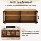 Meuble TV style ferme JVNOXK avec portes vitrées semi-cintrées, pouvant accueillir des téléviseurs jusqu'à 70 pouces. Buffet aspect bois avec étagères réglables, Noyer