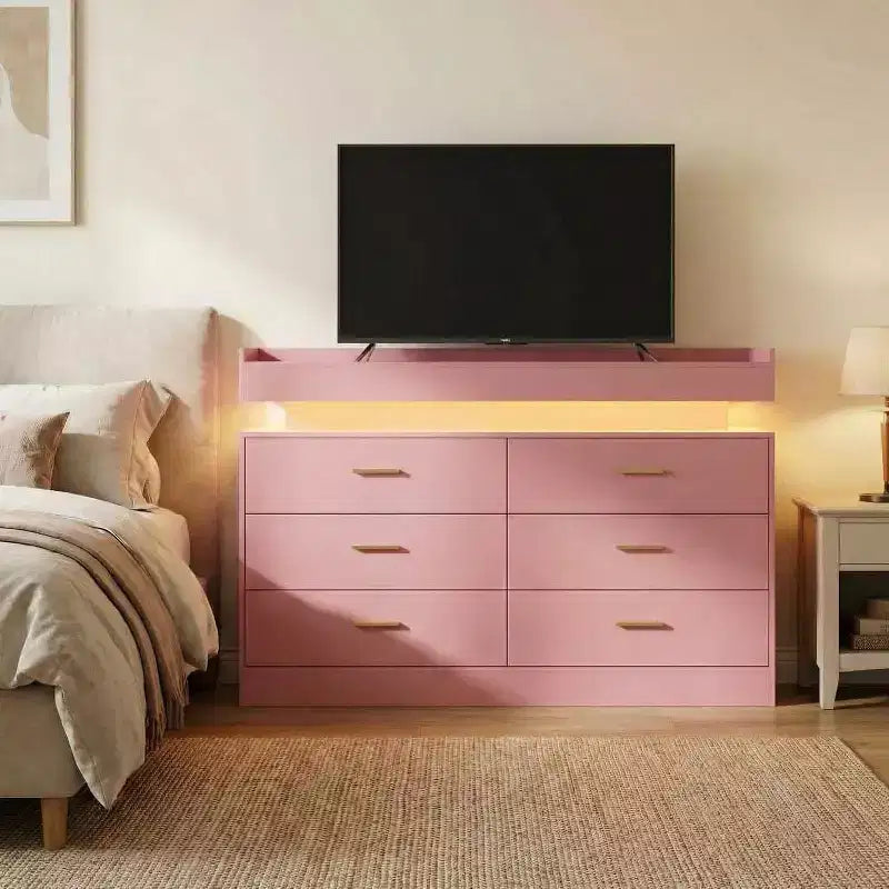 Meuble TV moderne avec 6 tiroirs et lumières LED, bar à café flottant pour centre de divertissement de salon