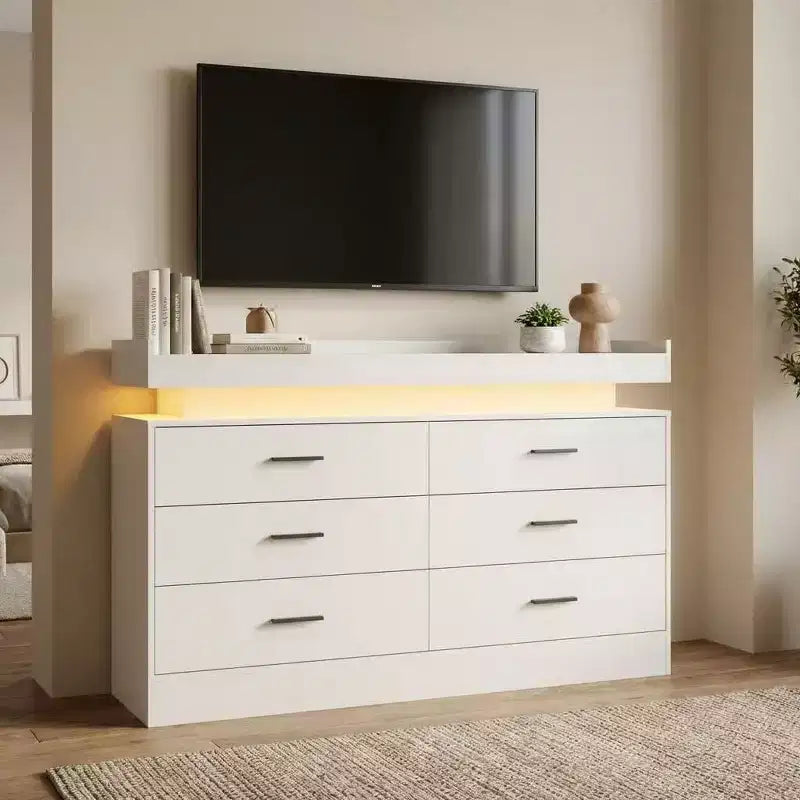 Meuble TV moderne avec 6 tiroirs et lumières LED, bar à café flottant pour centre de divertissement de salon