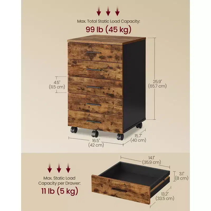 VASAGLE Meuble de classement, Meuble de rangement à roulettes, Meuble d'imprimante avec 5 tiroirs, Rails coulissants sans outils