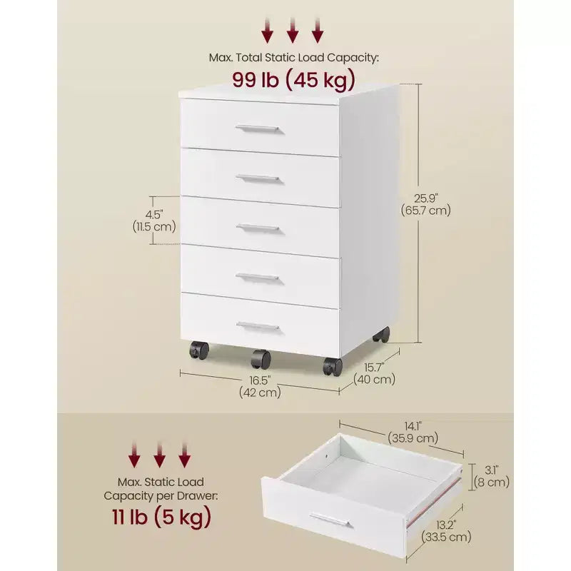 VASAGLE Meuble de classement, Meuble de rangement à roulettes, Meuble d'imprimante avec 5 tiroirs, Rails coulissants sans outils