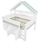 Lit mezzanine complet Luxystar avec toit en auvent rayé, étagères de rangement et armoire